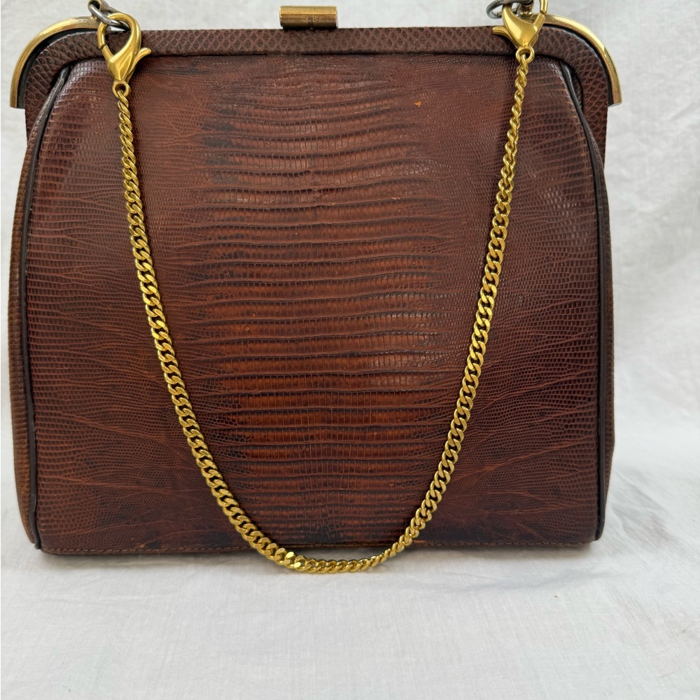 Elegant Vintage Brown Lizard Leather Handbag with Gold Chain